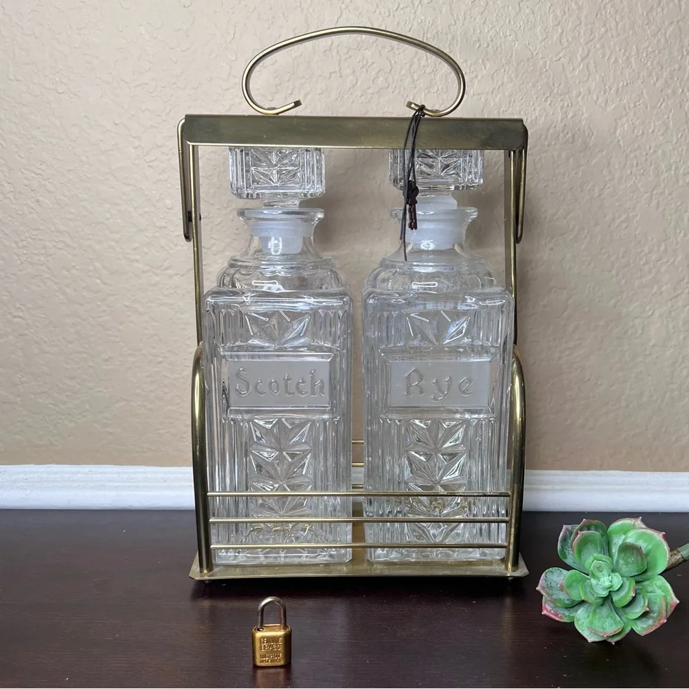 Mid-Century Brass Locking Scotch & Rye Decanter Set w/ Caddy and Keys